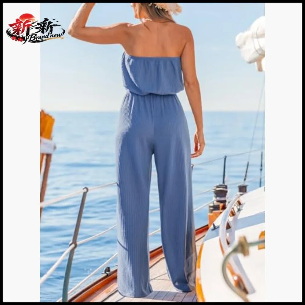 Sleeveless Jumpsuit with Elastic Waist and Wide Leg, 96% Polyester 4% Spandex